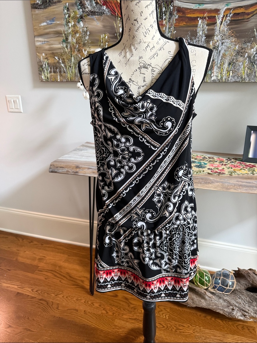 White House Black Market Black and White Paisley Dress with Red Trim